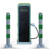 Barrier bollard | as e-charging station protection |  102 mm | hot-dip galvanized with 3 green reflective strips foil type RA1/A | To be fixed by plugs